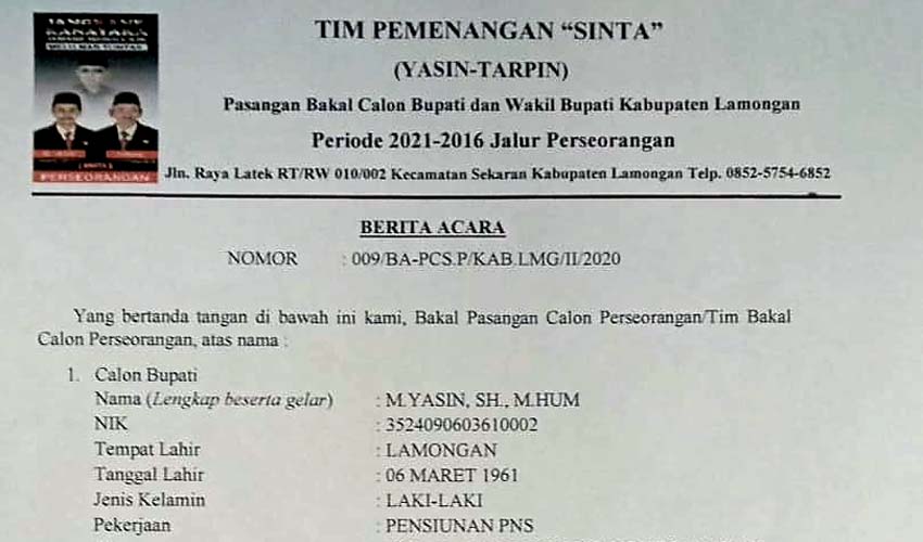 Ketua KPU Lamongan Pastikan Calon Independen Pasangan Sinta, Gagal Maju di Pilkada